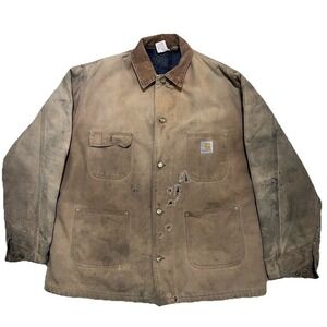 Vintage Carhartt Chore Jacket Men's Large 48T Tan Blanket Lined Distressed Faded